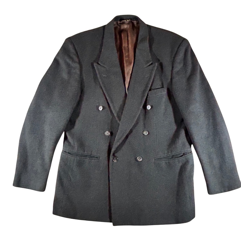 VTG Robert Stock Mens Double Breasted Blazer Black Wool Peak Lapel Suit Jacket